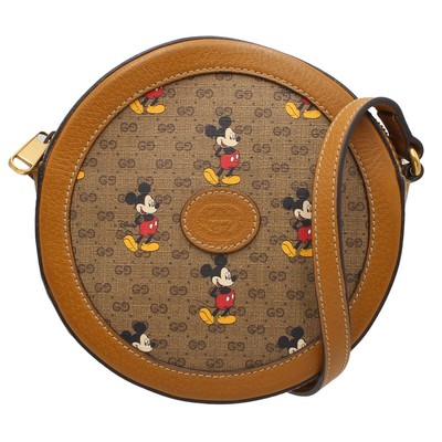 Gucci GG Supreme Disney Mickey Mouse Round Shoulder Bag Crossbody Brown H2249