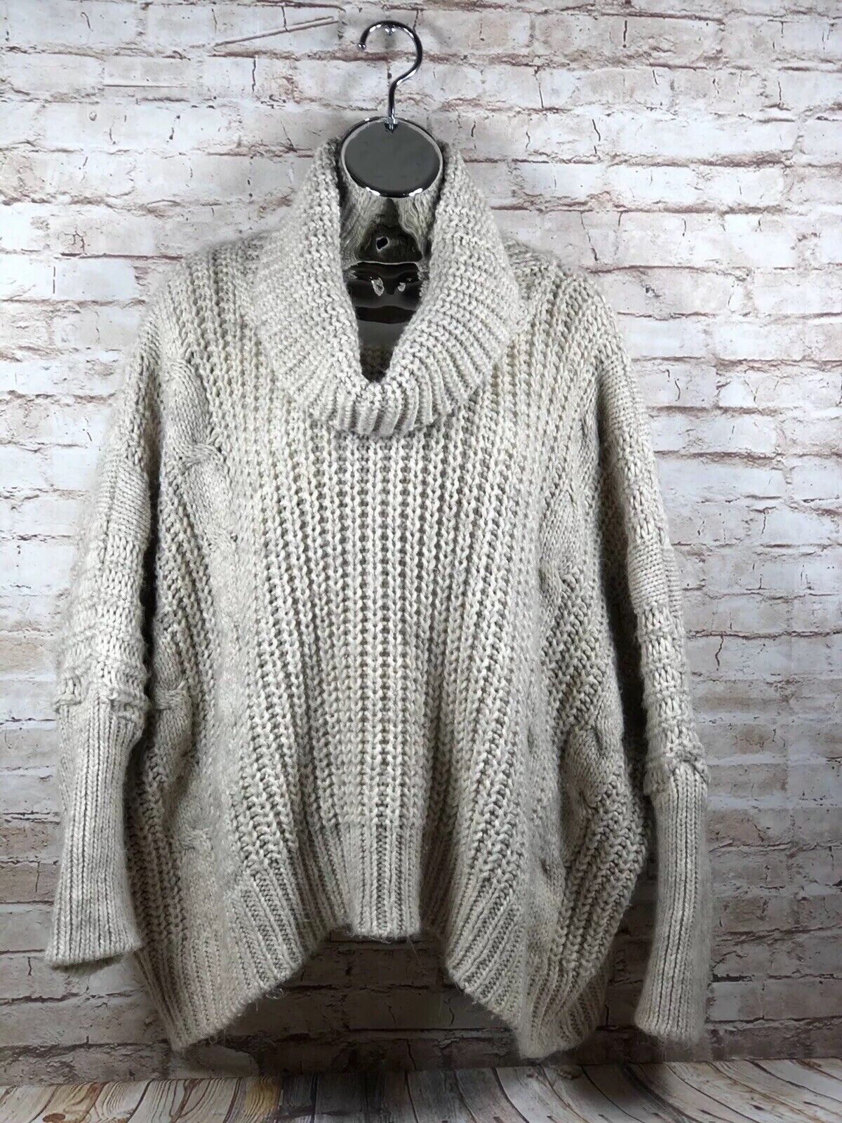  Nasty Gal womens sz L cable knit cowl neck box shape sweater light beige tan