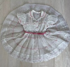 VTG 50s Girl Party Dress Cream Chiffon Full Circle Pink Flocked Dots Crinoline