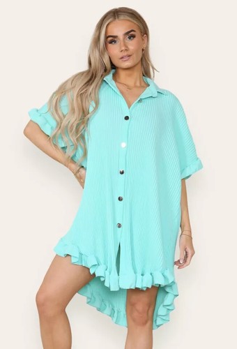 Ladies Women's Gold Button Pleated Frill Summer Shirt Swing Smock Mini Dress Top - Picture 22 of 24