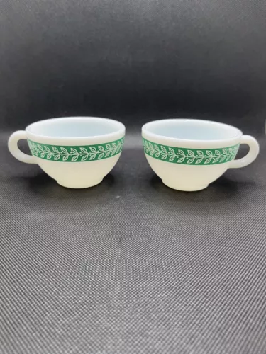 2 Vintage Pyrex Tableware By  Corning - Green Laurel Leaf Tea Cup