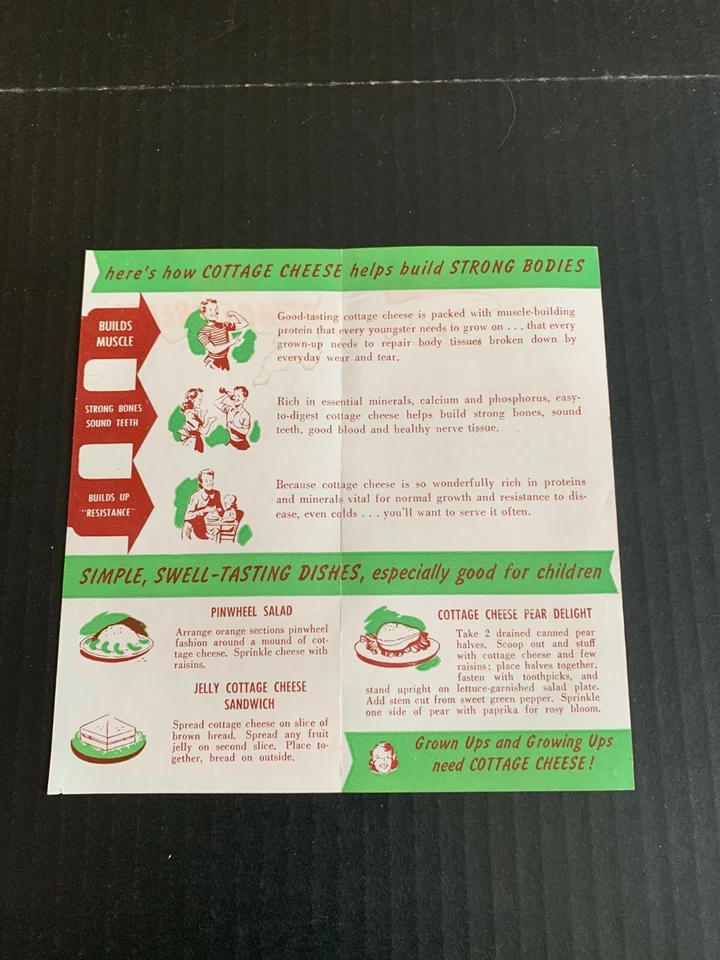 Vintage 1950's Sanity Farm Dairies Cottage Cheese Green Brochure Foto 2 de 3