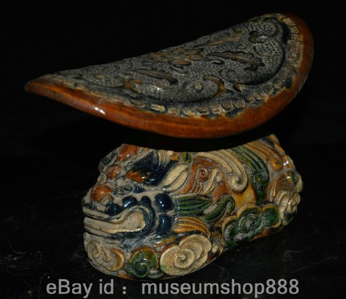 7.6" Old Chinese Tang Sancai Porcelain Lion Beast Flower Pattern Statue Pillow - Picture 4 of 14