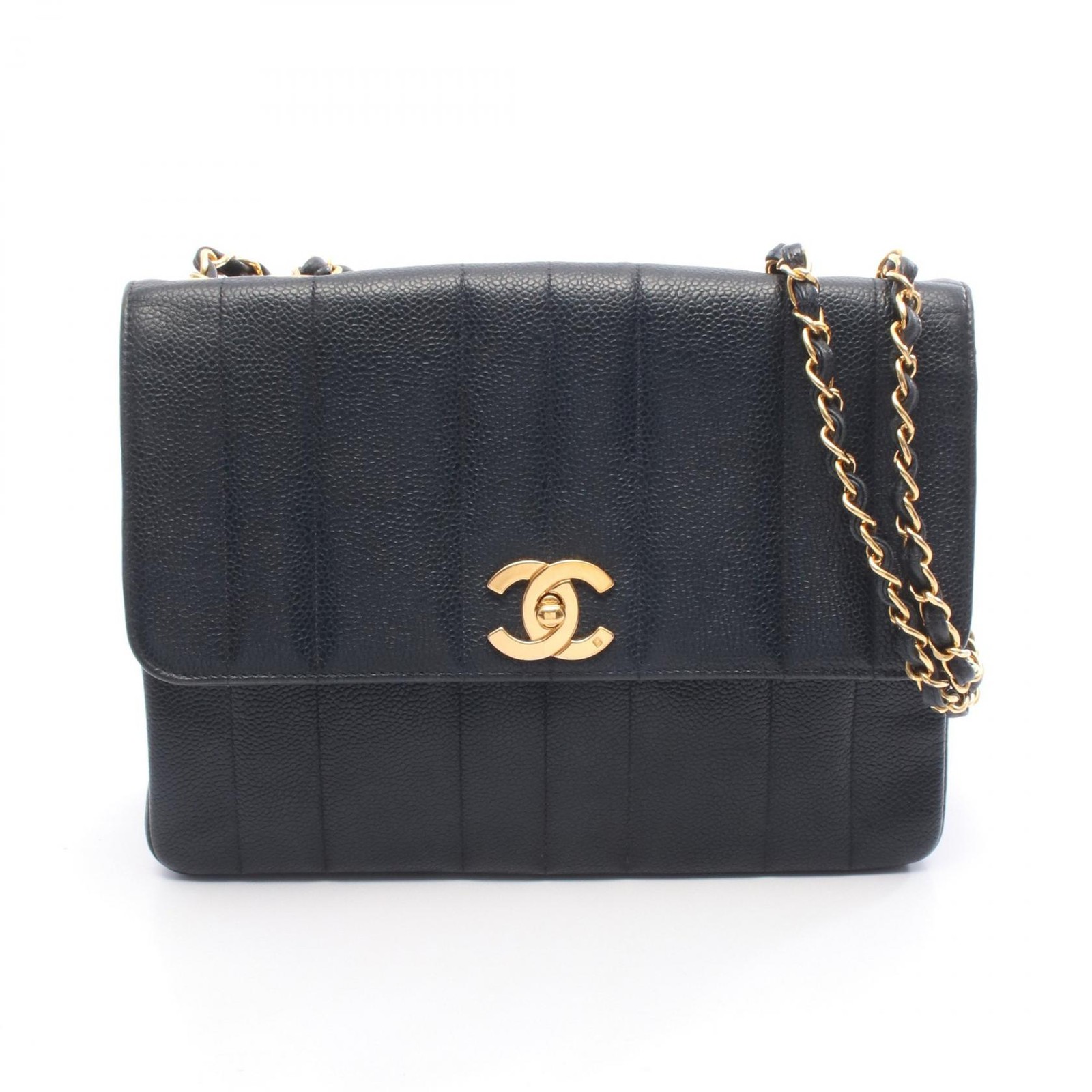 CHANEL Mademoiselle Chain Shoulder Bag Grained calf leather Black Used Women GHW