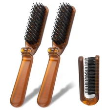 2 Pack Folding Hair Brush, Travel Size Brush with Natural Boar Bristles and N...