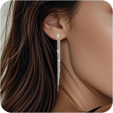 Long Gold Silver Dangle Earrings for Women 925 Sterling Silver Tassel Threader E