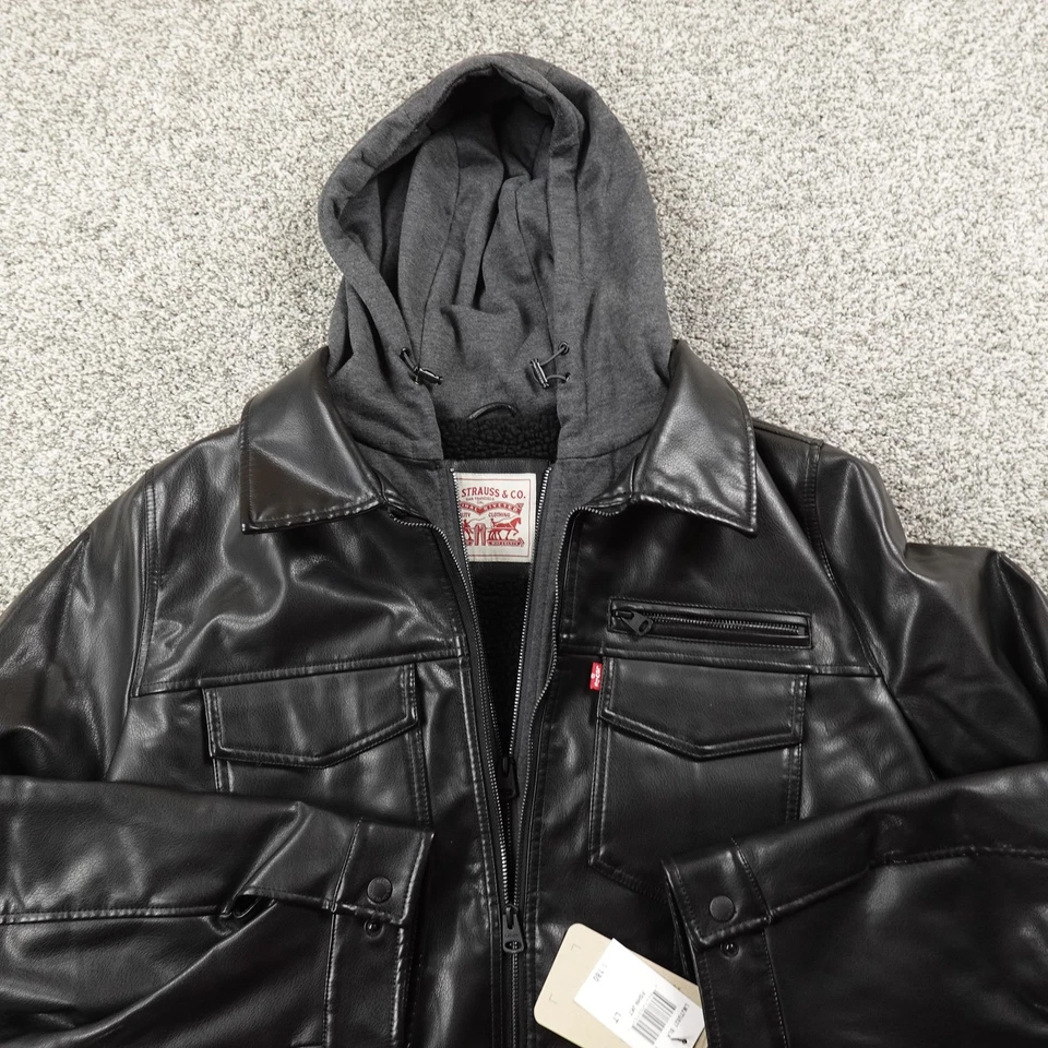 NEW Levis Jacket Mens LT Black Faux Leather Sherpa Lined Hooded Zip Trucker Coat - Image 3 of 4