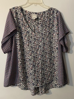Meraki Blouse Women's Floral Short Sleeve Top High Low Hem Boho Romantic  Sz L