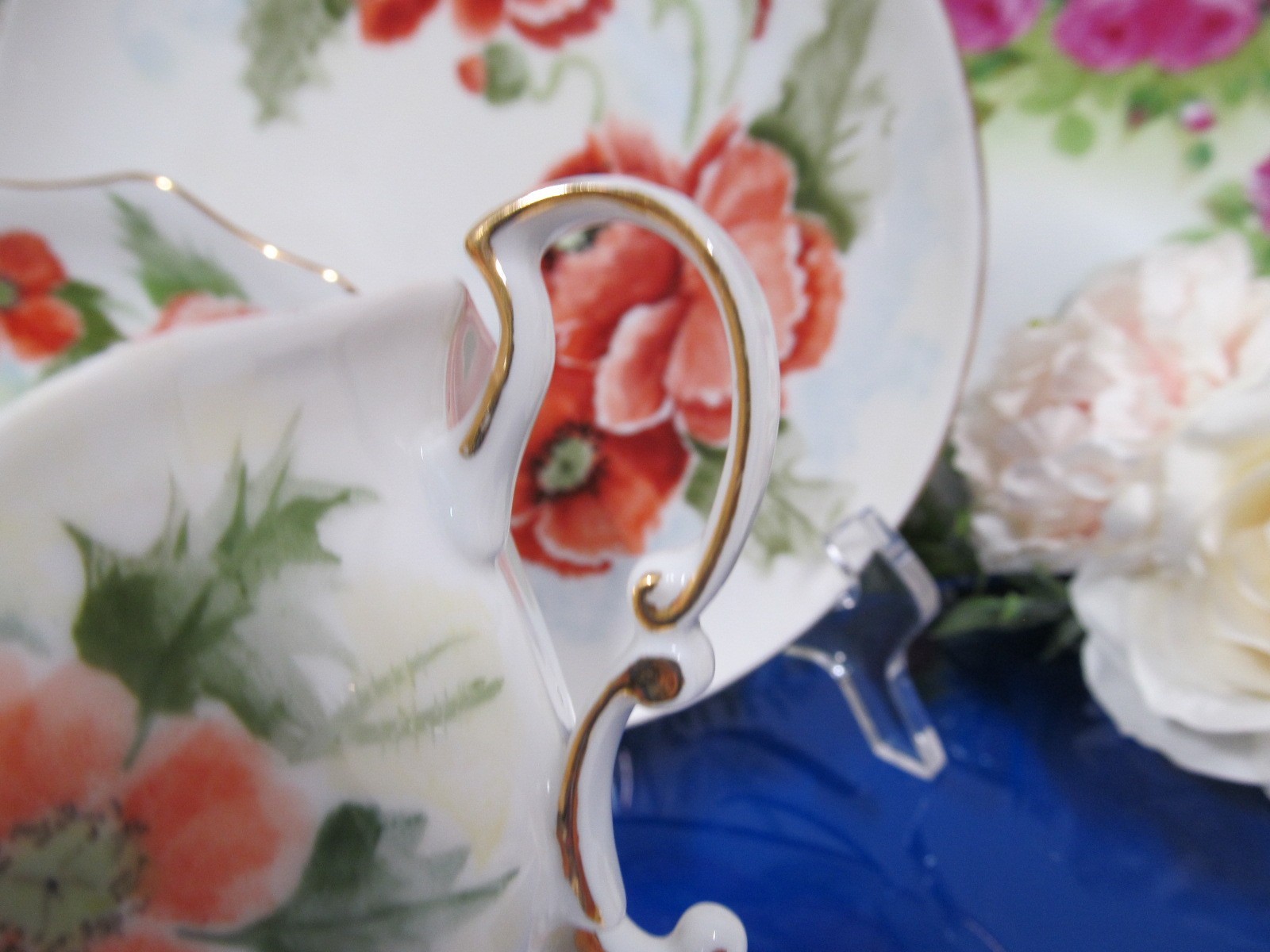Germany tea cup and saucer trio ORANGE POPPY  artist signed footed teacup