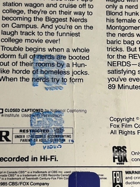 Revenge Of The Nerds VHS SEALED Watermark CBS Fox Robert Carradine VTG - Image 3 of 4