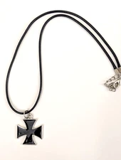 New MALTESE CROSS IRON CROSS  BLACK INLAY PEWTER PENDANT CORD NECKLACE