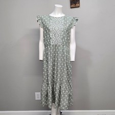 Böhme Midi Dress Large Sage Green Embroidered Daisy Ruffle Sleeve Cottagecore