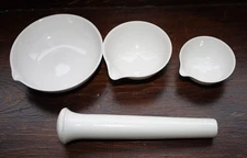 Vtg Coors Lab Ware Evaporating Bowls with Spouts-Pestle-Apothecary Chemistry