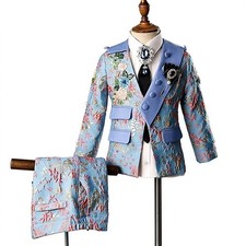 Boys Blue Floral Suit Set Jacquard Blazer Pants Kids Wedding Tuxedo Pageant