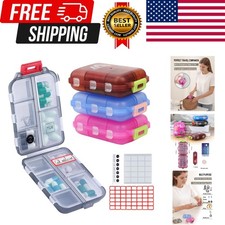 4PS Travel Pill Organizer with 164 Slice Labels  10 Compartments Travel Pill B...