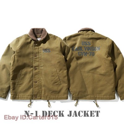 Vintage Mens US Navy N-1 Deck Jacket Winter Fleece Lined Work Coat Retro Casual