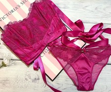 Victoria's Secret Corset Top Bra High Panty Set Hearts Lace Hot Frenzy Pink