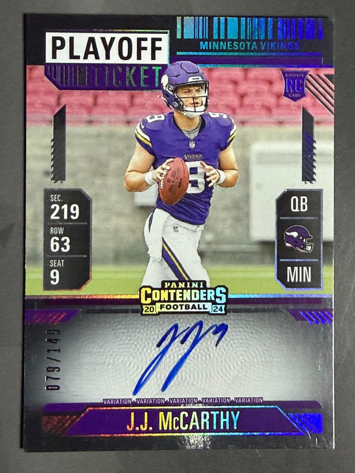 2024 Panini Contenders J.J. McCarthy Playoff Ticket Variation Auto 79/149 #101