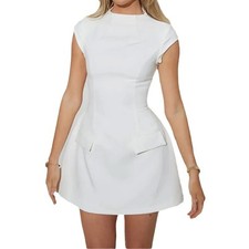 Elegant High Waisted Sexy Mini Dress Chic Round Neck Short Sleeve Shift Style