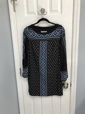 LOFT Black Blue Geometric Print Bell Sleeve Boho Shift Dress Womens Size S