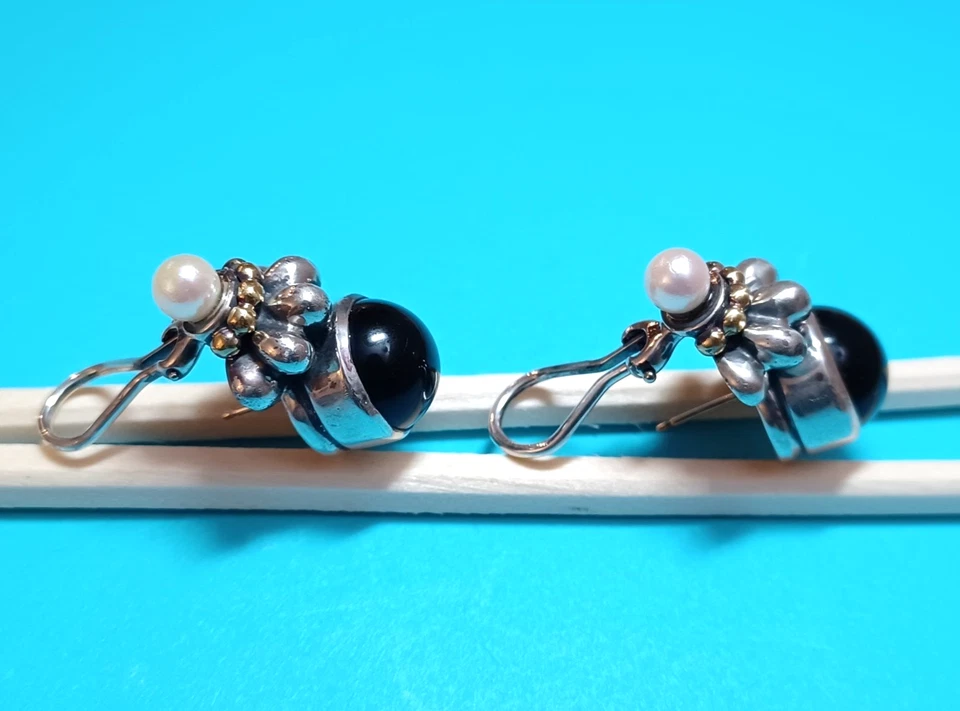 LAGOS Caviar Black Onyx  Pearl Sterling Silver 18k Gold Earrings, omega back - Image 2 of 4