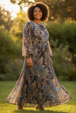 Tahari XL Blue Paisley Midi Dress Long Sleeve Round Neck Pleated Lined Tie