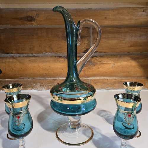 Atemberaubende venezianische italienische Murano blau 24K Gold Karaffe mit 6 gestielten Weingläsern - Bild 8 von 24