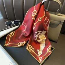 Pure Twill Silk Shawl Scarf Chain Print Hand Rolled Collar Necktie 70cm Wine