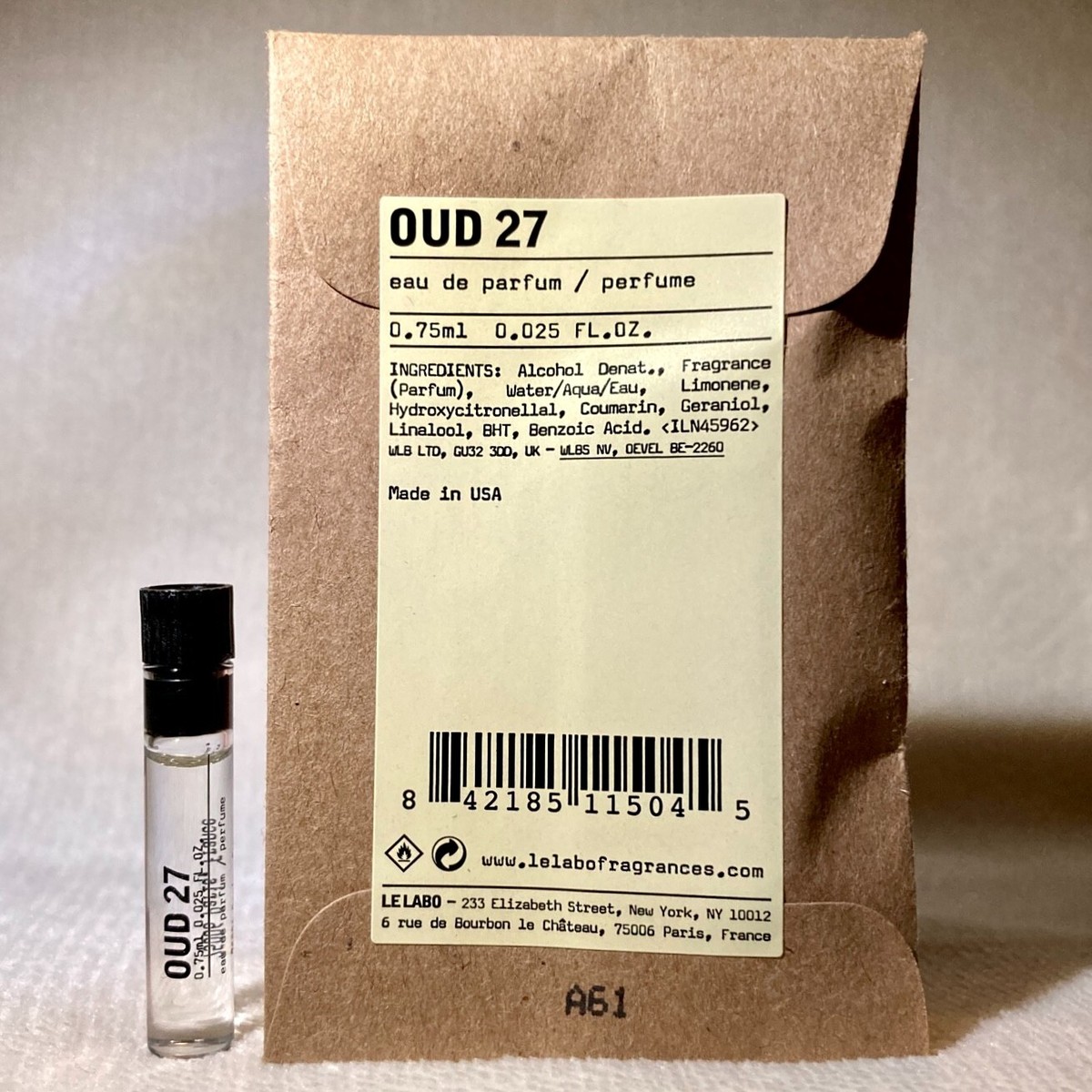 廃盤・レア【ルラボ】ウード27 2pc Le Labo DISCONTINUED Sample Vials: Oud 27 EDP + Iris 39 EDP