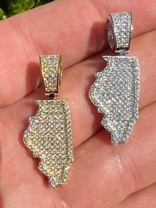 Authentic 925 Silver HipHop Illinois Chicago Shape Pendant Iced CZ Necklace Gold Plated