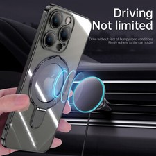 For iPhone 17 18 Pro Max 15 16E Magnetic Ring Stand Plating Clear Back Hard Case