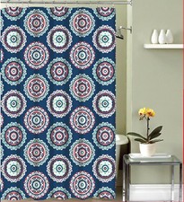 Boho Navy Blue Fabric Shower Curtain: Colorful Ornate Medallion Circle Design