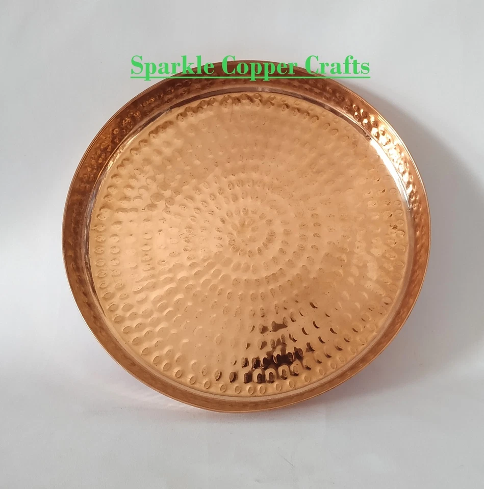 12 inch Handmade Hammered Design Food Serving Pure Water serving Copper Tray - Image 2 of 4