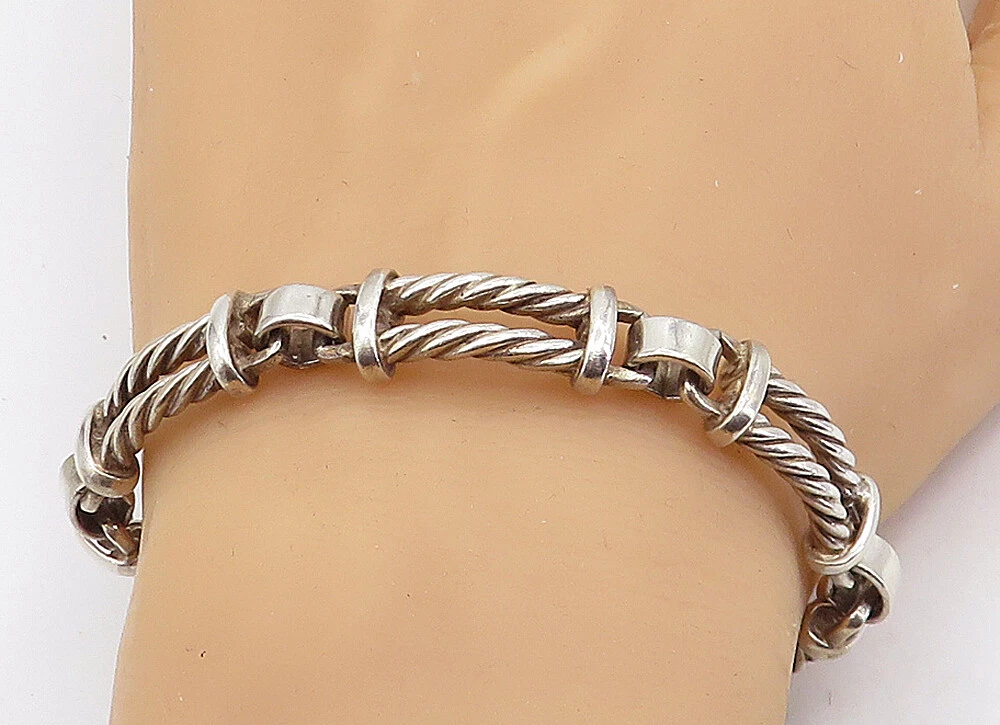 MEXICO 925 Silver - Vintage Shiny Double Twist Bar Link Chain Bracelet - BT2453