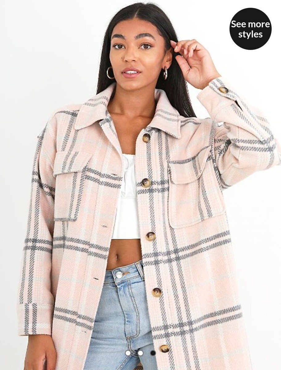 BNWT SIZE 12 GEORGE BRAVE SOUL PINK CHECK LONGLINE SHACKET m medium jacket  coat - Main Image