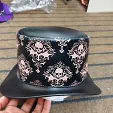 Black Leather Top Hat Gothic Skull Print Victorian Steampunk Costume Hat