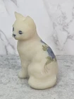 Fenton Satin Glass Sitting Cat Figurine Hand Painted Blue Roses Signed Ivory