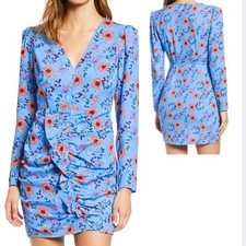 ASTR the Label Vibrant Blue Floral Ruched V-Neck Long Sleeve Mini Dress Womens M
