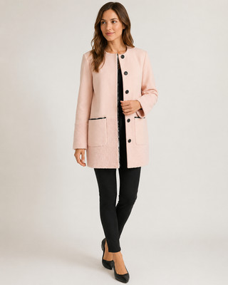 M&S Autograph Blush Pink Wool Blend Collarless Coat Black Trim UK 16