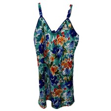 Val Mode Women  s Chemise Nightie M Floral Blue Multi Colorful Silky Lingerie