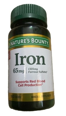 Nature s Bounty Iron 65mg, 325 mg Ferrous Sulfate Cellular Energy 100 Tablets 