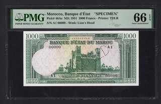 Morocco 1000 Francs ND; 1951 P46As "Specimen" Uncirculated Grade 66
