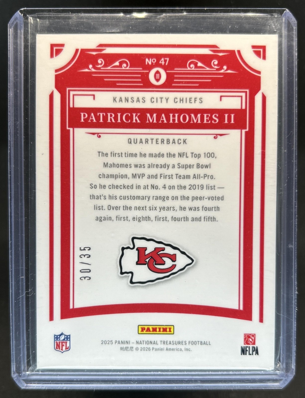 2025 Panini National Treasures Patrick Mahomes II #/35 Chiefs view 2