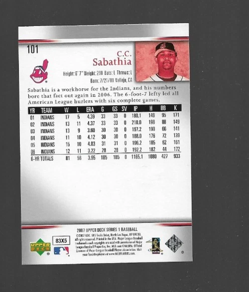 C.C. Sabathia 2007 Upper Deck Series 1 #101 Cleveland Indians - Image 2 of 2