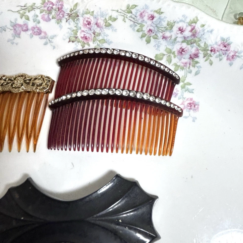 Lot Vintage Hair Combs 7pc Celluloid Style Deco Gothic Rhinestone - Image 4 of 4