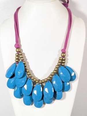 Beachy Boho Blue Purple Bronze Tone Statement Tie Back Bib Necklace 40''