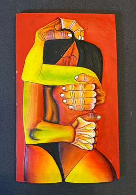 Ecuadorian Oswaldo Guayasamin Style 3D Terracotta Tile Painting Embracing Couple