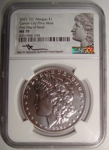 2021 CC Privy Morgan Silver Dollar NGC MS70 FDOI Mercanti Signed Carson City