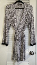 STUDIO DONATELLA Black White Floral Stretchy Jersey Knit Wrap Robe Size L/XL