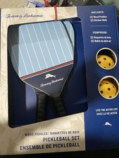 Tommy Bahama Pickleball Set, 2 Light Blue/ White Wood Paddles  2 Balls - NEW 